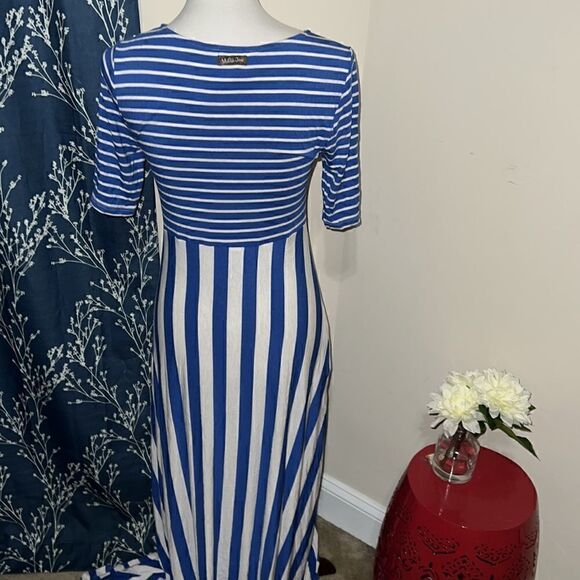 Matilda Jane Clothing MJ Blue White The Road Ahead Elbow-Sleeve Maxi Dress sz S - Picture 4 of 8